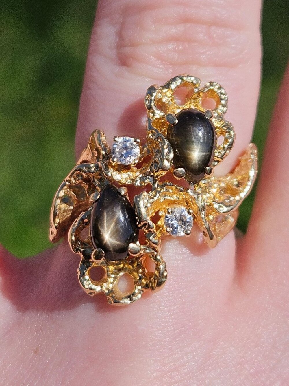 14K Yellow Gold Nugget Style Brown Star Sapphire Diamond Cocktail Ring Size 6.25